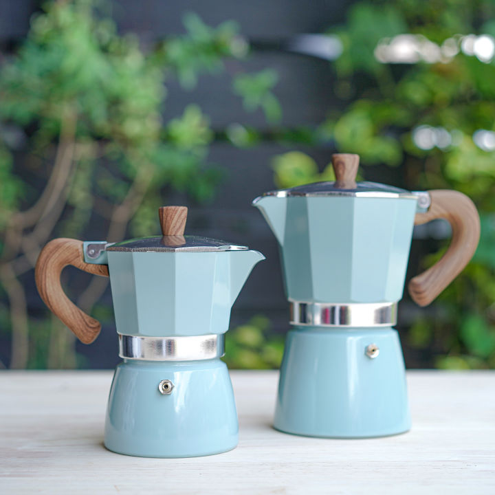 สีฟ้า-ชุดหม้อต้มกาแฟสด-มอคค่าพอท-moka-pot-3cup-เครื่องบดเมล็ดกาแฟ-มือหมุน