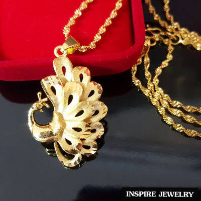 Inspire Jewelry ,ชุดเซ็ท สร้อยคอหุ้มทองแท้ 24K ขนาด 18 นิ้ว ลายบิดเกียว และ จี้รูปนกยูงสวย ทองทำลาย  งานร้านทอง ขนาด 2.2 x 3 CM design สวยหรู