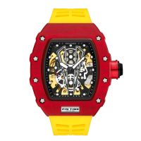 ZZOOI Yellow Fashion Men Sport Automatic Yellow  Watch Mechanical Movement Rubber Strap Luxury Style Hollow Dial Gift Wristwatches