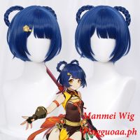 【Manmei】Genshin Impact Xiangling Cosplay 30cm Christmas Blue Black Wig Cosplay Anime Wigs Heat Resistant Synthetic Wigs Halloween dv