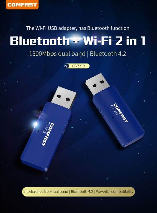 Wireless USB WiFi Bluetooth 4.2 Dongle 1300Mbps for PC Desktop Laptop