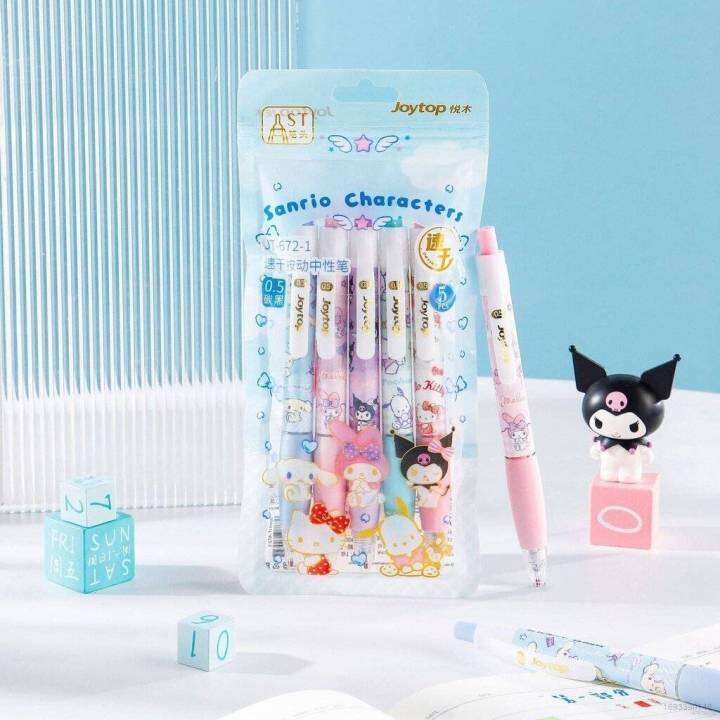 new-5pcs-sanrio-quick-dry-gel-pen-0-5mm-black-click-pen-student-stationery-melody-kuromi-pochacco-hello-kitty