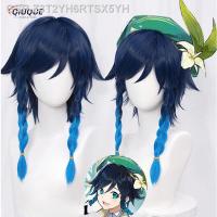 ☑Genshin Venti วิกคอสเพลย์ Azul Gradiente Trançado Resistente Ao Calor Cabelo Sintético Jogo Perucas Anime Boné Alta Qualidade 50Cm