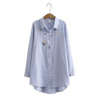 【มีไซส์ใหญ่】Plus Size XL-4XL Womens Striped Tops Long Sleeved Long Blouse Star Embroidery White Blue Blusas