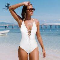 HOT★CUPSHE Ribbed Plunge Tie One-Piece ชุดว่ายน้ำสำหรับผู้หญิงสีขาวเซ็กซี่ Criss ข้ามกลับ Monokini ชุดว่ายน้ำ2023ชุดว่ายน้ำ beachwear