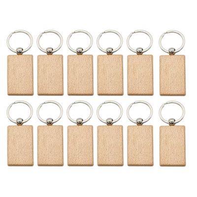 12 Pcs Blank Wooden Key Chain Rectangle Key Chain Tags Wood Keychains Key Ring for DIY Craft