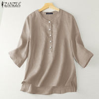 (จัดส่งฟรี)[ลดล้างสต็อก ใช้เงินน้อย] Fancystyle ZANZEA เสื้อวินเทจของผู้หญิงเสื้อใส่ทำงานแบบสวมหัวแขน3/4สีทึบผ้าฝ้ายแบบไม่สม่ำเสมอ #2