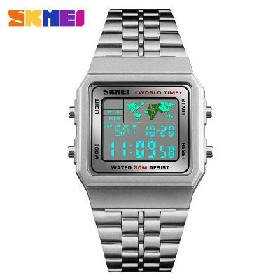 SKMEI LED Digital Sports Watches Men Stainless Steel Top Brand Luxury Countdow Time Zone Waterproof LED Electronic Digital Watch