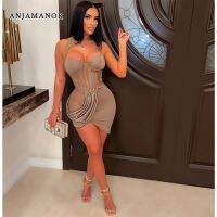 ANJAMANOR Nude Mesh Insert Caged Mini Dress Sexy Party Night Club Outfits Irregular Hem Corset Halter Bodycon Dresses D42-DH21