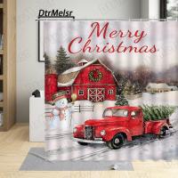 Merry Christmas Shower Curtains for Bathroom Decor Farmhouse Red Truck Snowman Winter Landscape New Year Home Fabric Curtain Set