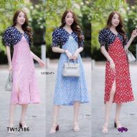 P12186 เดรสทูโทนคอวีลายดอกแขนตุ๊กตา Two-tone V-neck dress with floral pattern, doll sleeves