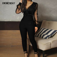 Rompers Womens Jumpsuit Black Elegant Sequins Mesh Glitter Party Night Sexy  Spring Long Pants One Piece Clothes Overalls