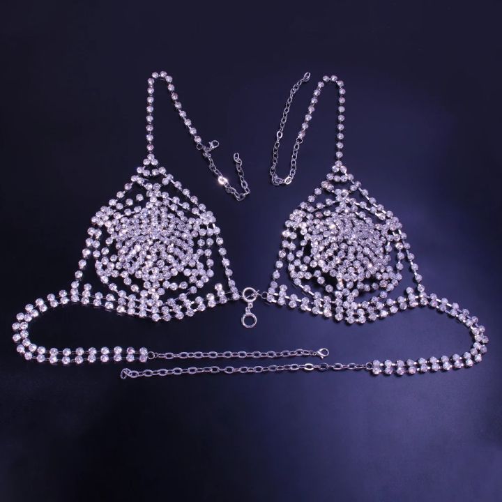 2021Stonefans Women Heart Chest Bracket Top Bras Chain Body Jewelry Evening Elegant Exotic Apparel Lingerie Sexy Crystal Dancewear