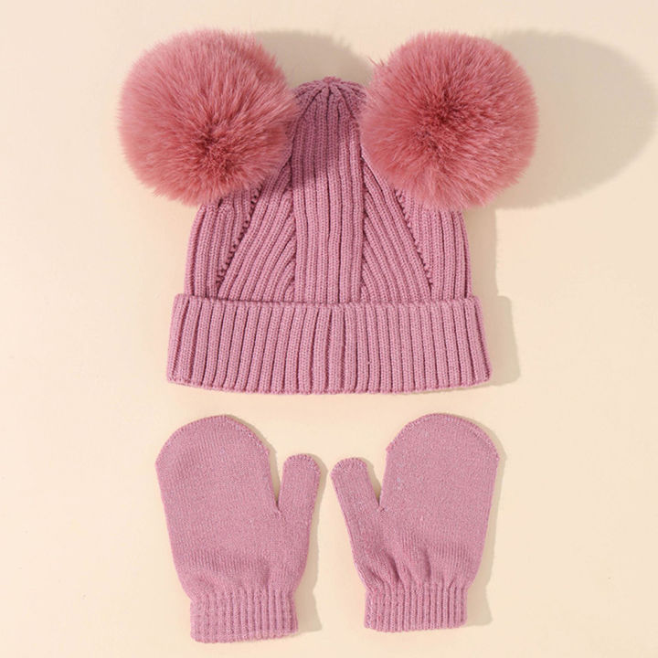 ชุดหมวกฤดูหนาวและถุงมือปอมปอมปอมปอมสีทึบถุงมือหมวกฤดูหนาวถักถุงมือสำหรับเด็กผู้หญิงเด็ก1-6ปี