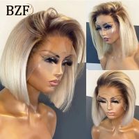 【LZ】■✾❍  Ombre Blonde Lace Front Bob Wigs For Women Cosplay Short Colored Wig Straight 200 Density Dark Roots Wig Glueless Synthetic Wig