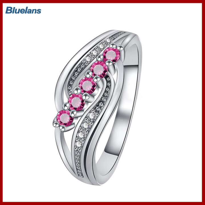Bluelans®แหวนใส่นิ้วแถบกลวงเทียมฝังทับทิม5ลูกสำหรับผู้หญิงที่สง่างามเครื่องประดับงานแต่งงาน