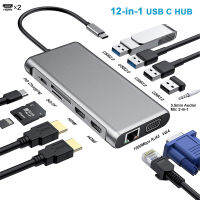 jianzhifen 12 In 1ฮับ USB 3.0ชนิด C ถึง2 HDMI 4K อุปกรณ์แบ่งจอ VGA ตัวแปลงแบบหลายพอร์ตแท่นวางมือถือแลน RJ45สำหรับอุปกรณ์แม็คบุ๊ค IMac