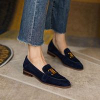 Ins super easy to wear New style genuine leather retro Arc de Triomphe slip-on lazy loafers womens square toe flat shoes