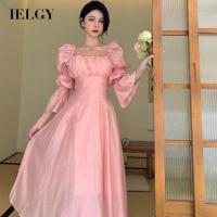 IELGY Beauty เดรสแขนยาว,เดรสคอวีทรงเอไลน์ฝรั่งเศส