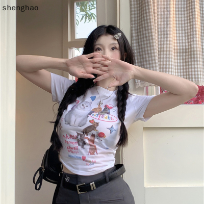 shenghao เสื้อยืดแขนสั้นพิมพ์ลายแมวน่ารักฤดูร้อนเสื้อครอปเข้ารูปคอกลมสำหรับผู้หญิงย้อนยุคอเมริกัน