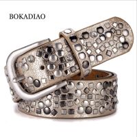 hyfvbujh✉♝  BOKADIAO women belt punk buckle geometry Rivets luxury ladys leather belts for waistband female