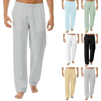 LiaoTai ผู้ชายแฟชั่นกระเป๋าผ้าฝ้ายผ้าลินินกางเกงกลางเอวตรงกางเกง Sweatpants Joggers Casual Baggy Fitness