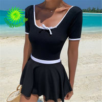 [Mingyuan] square neck Hepburn style little black dress half sleeve hot spring swimsuit