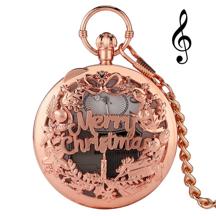 ห่วงโซ่ร้อยเหรียญทำจากมือหมุนควอตซ์นาฬิกาพกการเคลื่อนที่เสียงเพลงเงินหรูหราสุขสันต์วันปีใหม่ของขวัญ