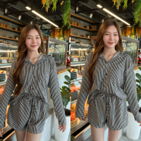 ? SpinnyHouse ? ชุดเซ็ต set2ชิ้น เสื้อคอโปโล + กางเกงขาสั้น? ลายริ้ว ถึงใจ ตามที่รอคอย ปกสั้นริ้ว P302A