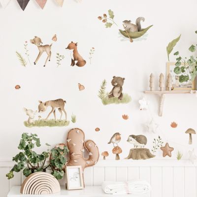 [24 Home Accessories] Woodland Animals Deers Bear Floral Watercolor Wall Stickers Nursery Peel And Stick Vinyl Wall Decal Mural Kids Room Home Decor [24 Home Accessories] Woodland
