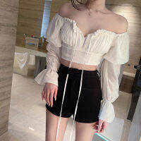 【MagicLady】Women ปิดไหล่ Crop Tops แฟชั่นแขนยาวพัฟ Ruched หน้าอก Tie-Up ด้านหน้า Smocked เสื้อยืด