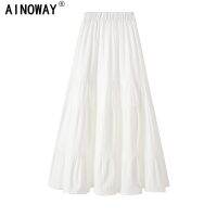 Vintage chic fashion Hippie women white linen cotton beach Bohemian skirt High Elastic Waist A-Line Boho Maxi Skirt Femme