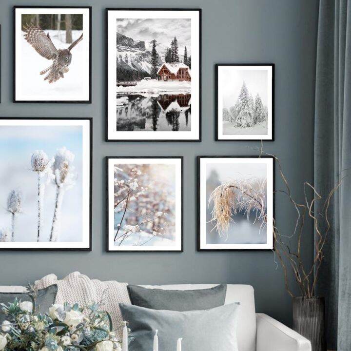 ฤดูหนาว-forest-snowy-mountain-lake-cabin-plant-wall-art-ภาพวาดผ้าใบ-nordic-โปสเตอร์และภาพพิมพ์ภาพพิมพ์ภาพสำหรับตกแต่งห้องนั่งเล่น