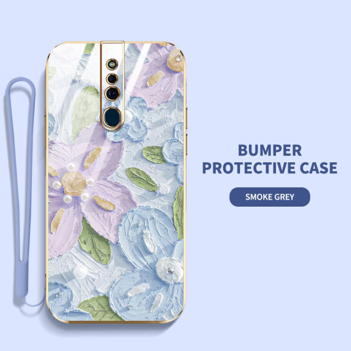 ybdเคสดอกไม้ไข่มุกสำหรับ-oppo-f11-f11-pro-ดีไซน์ใหม่กันกระแทกลวดลายภาพวาดสีน้ำมันเคสแถมฟรีสายคล้องอ่อน