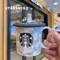 Starbuck ถ้วยน้ำกราฟฟิตีหมีสำหรับดื่มถ้วยมีฝาปิดช้อนสุดคุ้มแก้วกาแฟถ้วยเซรามิคสำหรับชายและหญิงของขวัญคู่รักน่ารักถ้วยดื่ม