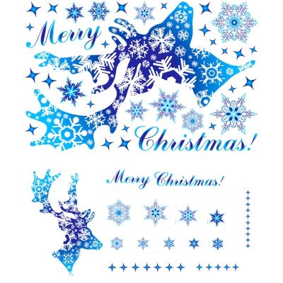 1 Sheet Christmas Blue Deer Snowflake Window Clings Stickers Reindeer Star Pattern Glass Door Decals for Xmas Holiday Theme Part