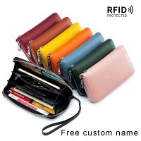 ▥✘ 100 Genuine Leather Women 39;s Zipper Custom Name Wallet Long RFID Cowhide Clutch Bags Soft Simple Money Clip Phone Pouch for Men