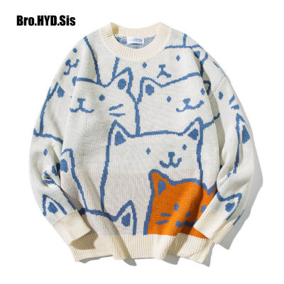Cute Cartoon Cat Sweater for Women O-neck Knitted Mens Autumn Winter New Loose Fit Couple Pullovers Lady Knit Coat