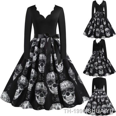 SHUAIYI Vestido de manga comprida feminino com estampa crânio Halloween 1950 Dona casa vestido formatura ความหวาดกลัวอันสง่างาม