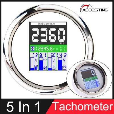 85มม. TFT 5 In 1 Multi-Functional Gauge Digital Tachometer 0 ~ 9999 RPM พร้อมชั่วโมงการใช้ระดับน้ำอุณหภูมิน้ำมันเครื่องวัดความดันนาฬิกาปลุก
