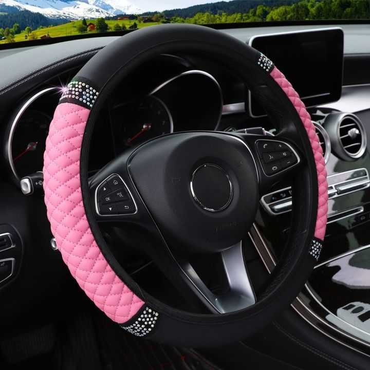 two-dog-sells-cars-universal-car-steering-wheel-cover-37-38cm-leather-embroided-color-diamond-studded-elastic-steering-wheel-cover