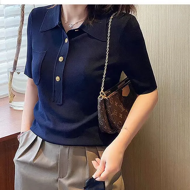 LUCKIN STORE เสื้อโปโลสตรีผ้าไหมน้ำแข็งถักแขนสั้นเสื้อยืดฤดูร้อน Tops ...