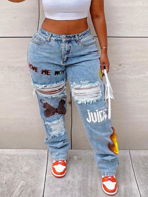 LW ขนาดบวกเอวสูงพิมพ์ยืดกางเกงยีนส์ตรงซิปบินยืดทุกวันเปลือกแฟชั่นกางเกงผู้หญิง Streetwears