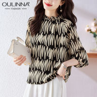 OULINNA เสื้อผู้หญิงมีขอบหูแขนยาวทำจากไม้,เสื้อทรงหลวมปกท้องลดยุคใหม่ Atasan Sifon ตะวันตกที่สวยงาม