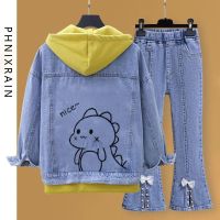 Spot parcel post2023 New Girl Spring and Autumn Clothes Cartoon Loose Denim Jacket Junior High School Students Korean Style Casual Two-Piece Suit