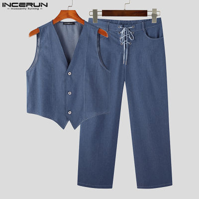 INCERUN เสื้อกั๊กคอวี2ชิ้นสไตล์มินิมอล + กางเกงขายาวชุดชุดผ้ายีนส์สีเรียบ (เสื้อผ้าลำลอง) #3