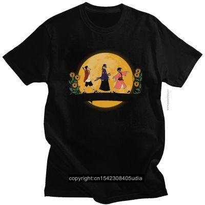 เสื้อยืดผ้าฝ้ายบริสุทธิ์ผู้ชายลาย Kawaii Moon Samurai Champloo