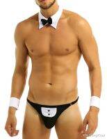 【CC】✻✓  Mens Waiter Set T-Back Tuxedo Costume G-string Thong Jockstraps Gay Male with Bow Tie Collar Wrist Cuff