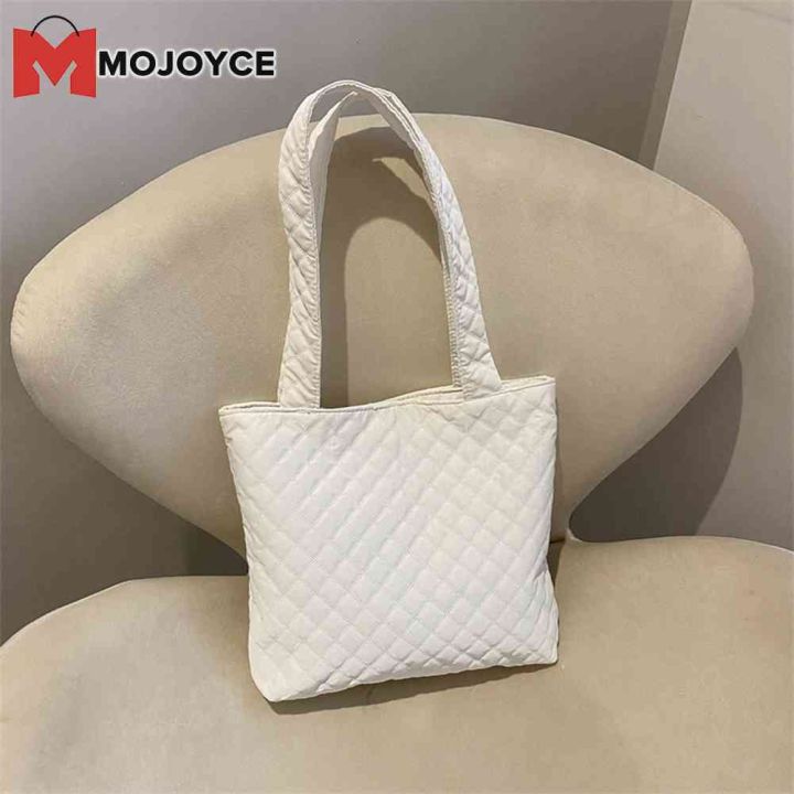 Women Lattice Solid Color Nylon Shopping Bag Casual Large Capacity