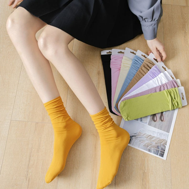 lady-sugar-2คู่-เซ็ตฤดูร้อนถุงเท้าหลวมบางสำหรับผู้หญิงสาวสีทึบกำมะหยี่นุ่มระบายอากาศถุงเท้ายาว